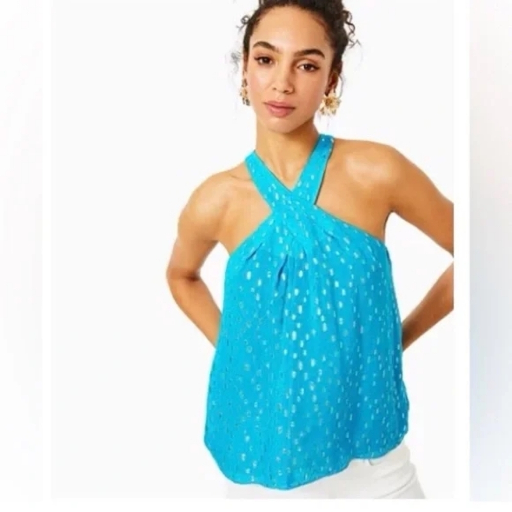 Lilly Pulitzer Rori Halter Top Cumulus Blue Metallic Accents Women's Size XL